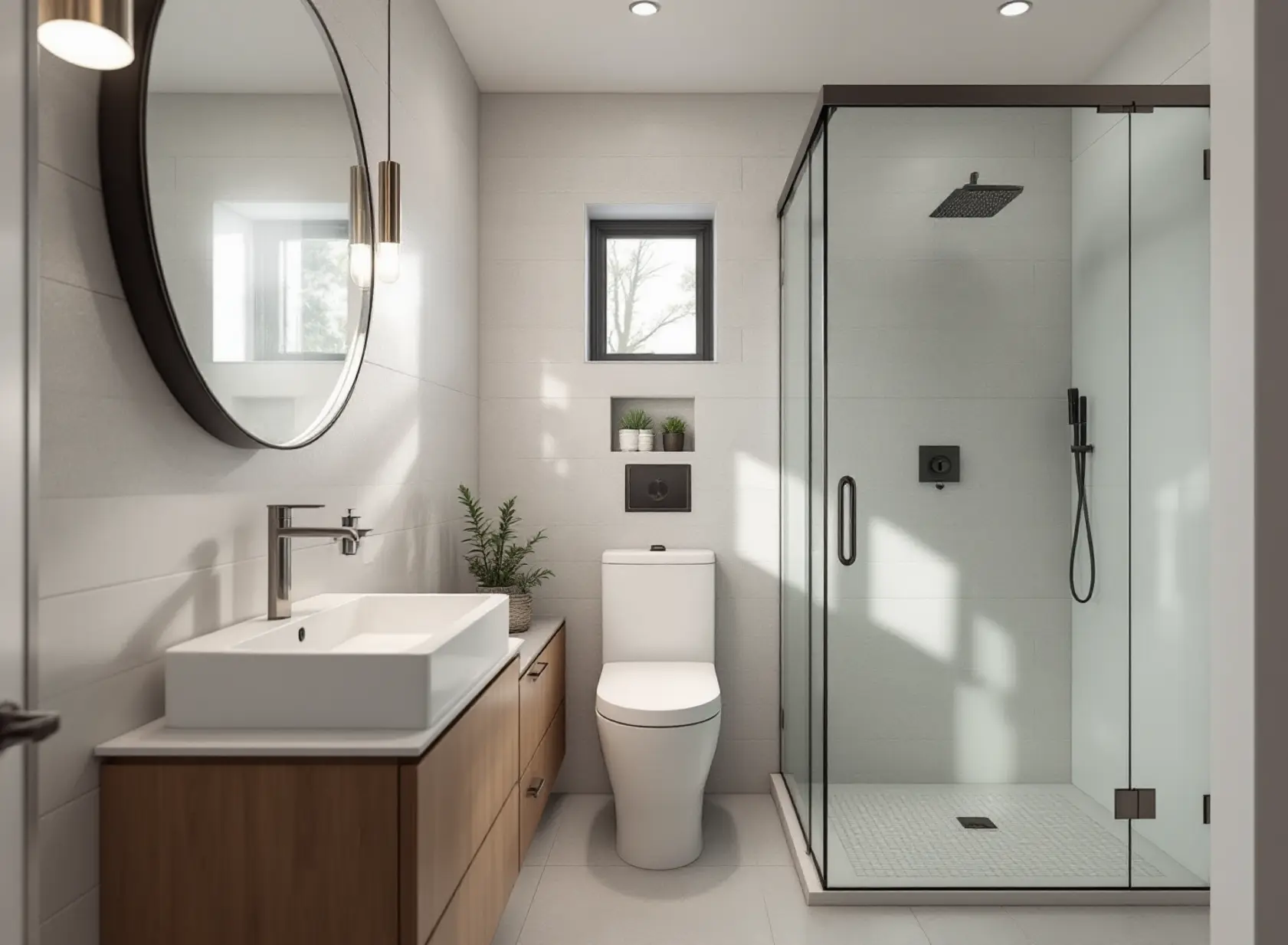 Modern ADU bathroom design with floating vanity, wall-hung toilet, and smart space-saving plumbing.