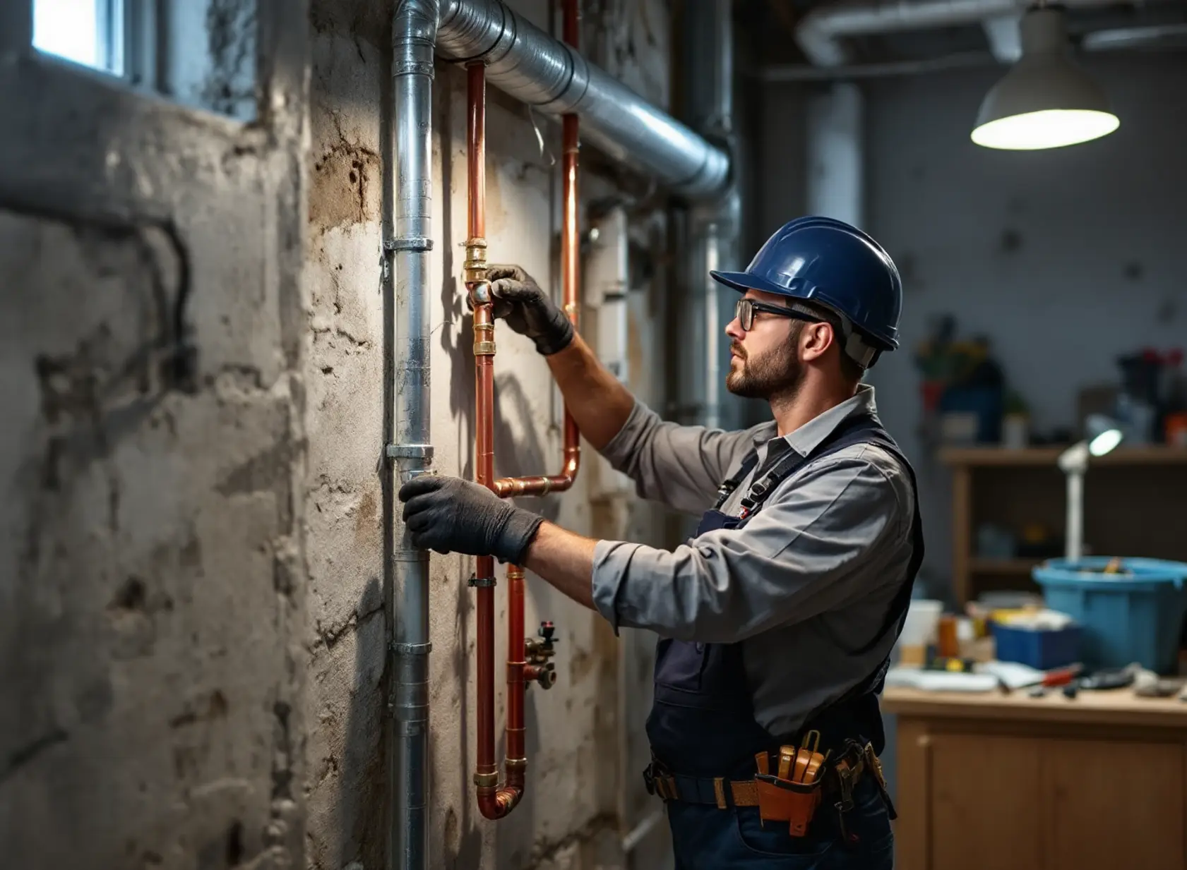 basement-repiping-in-sacramento-what-homeowners-should-know-featured-20260608-1807 Licensed plumber performing basement repiping in Sacramento with new PEX tubing and tools.