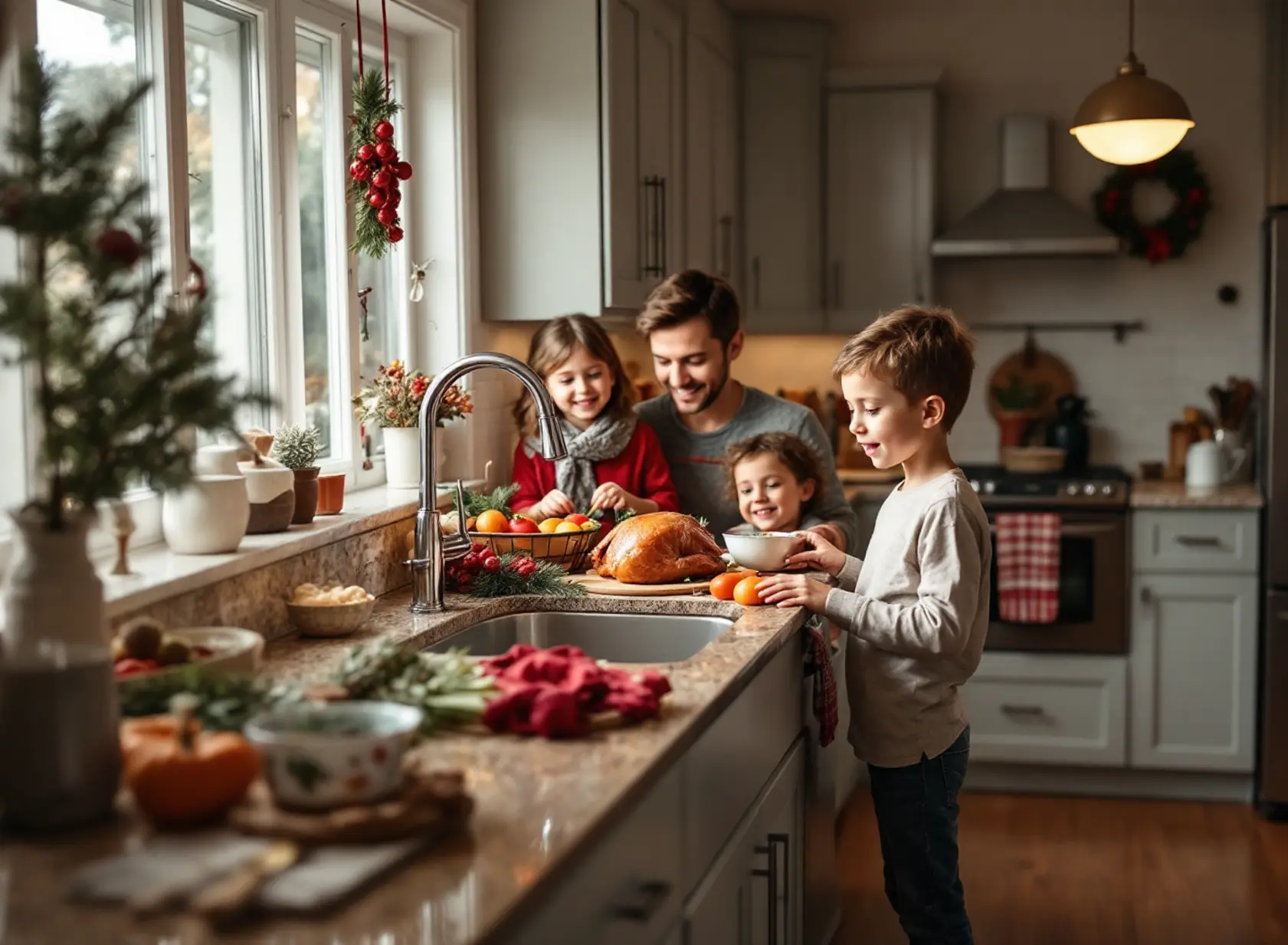 Sacramento family preparing Thanksgiving dinner with clean sink and proper holiday plumbing practices.
