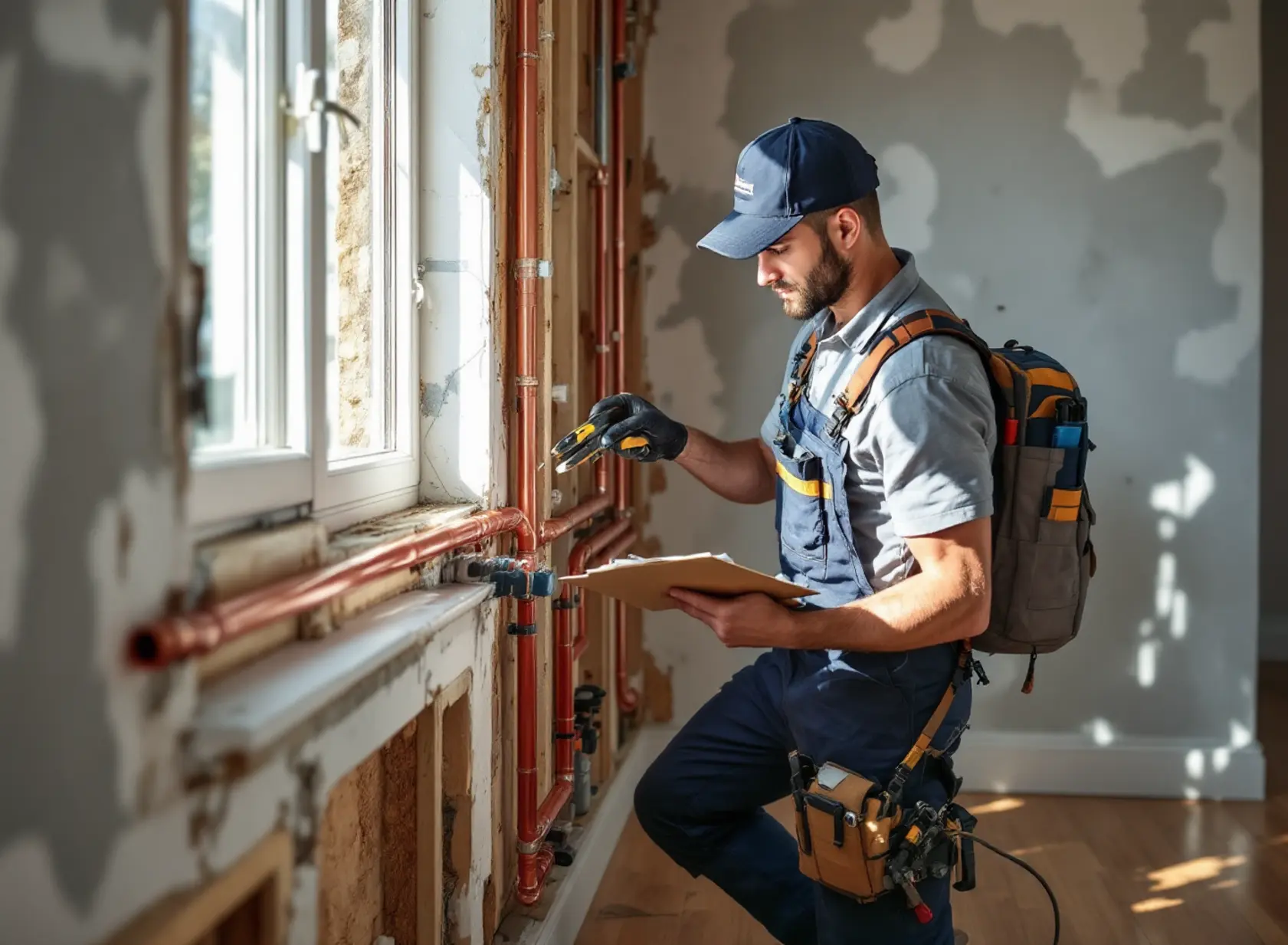 Plumber installing PEX and copper pipes in Sacramento home with exposed walls during repiping project.