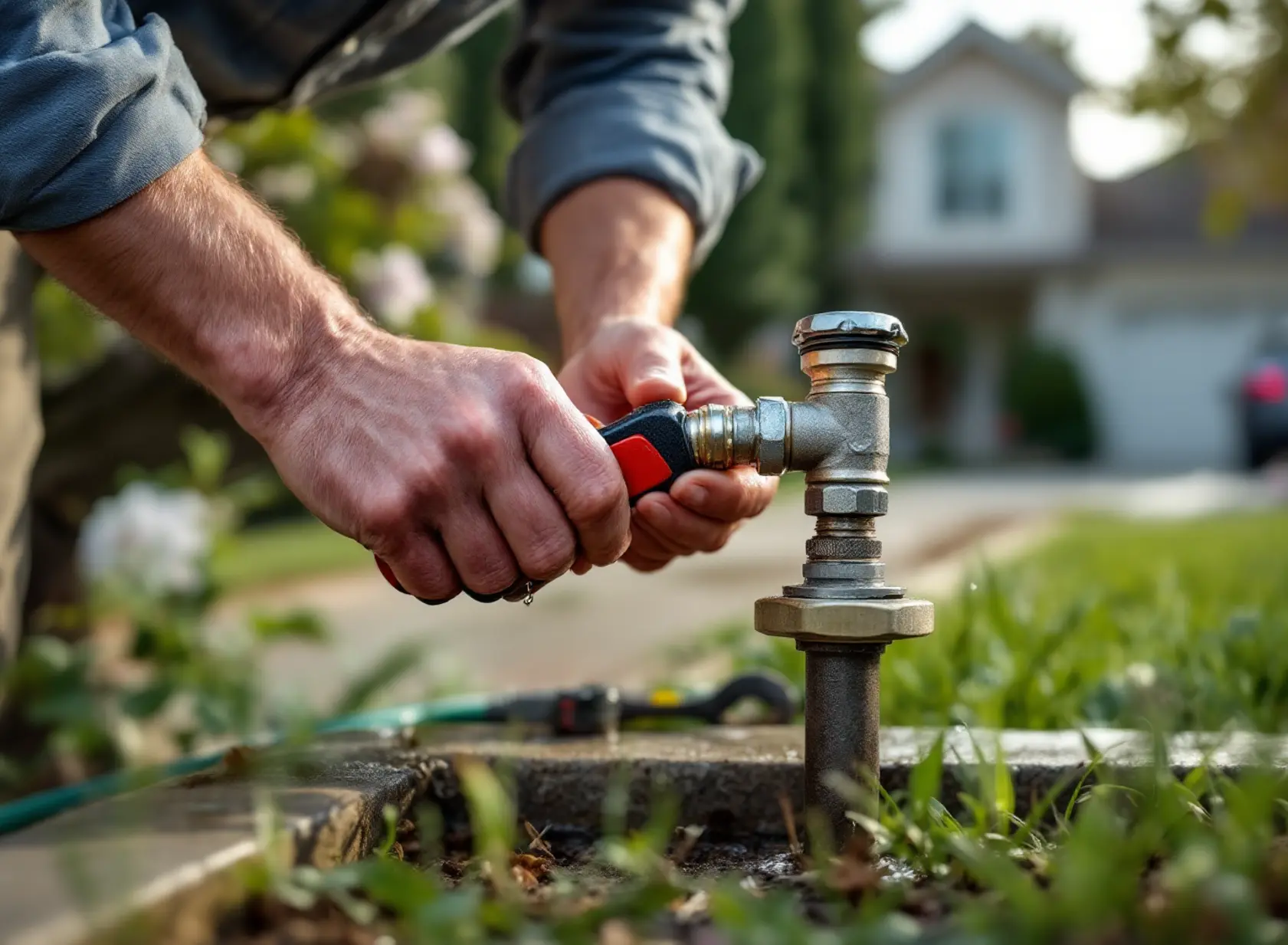 spring-plumbing-maintenance-tips-for-sacramento-homeowners-featured-20260331-1625 Sacramento homeowner checking outdoor faucet for leaks during spring plumbing maintenance.