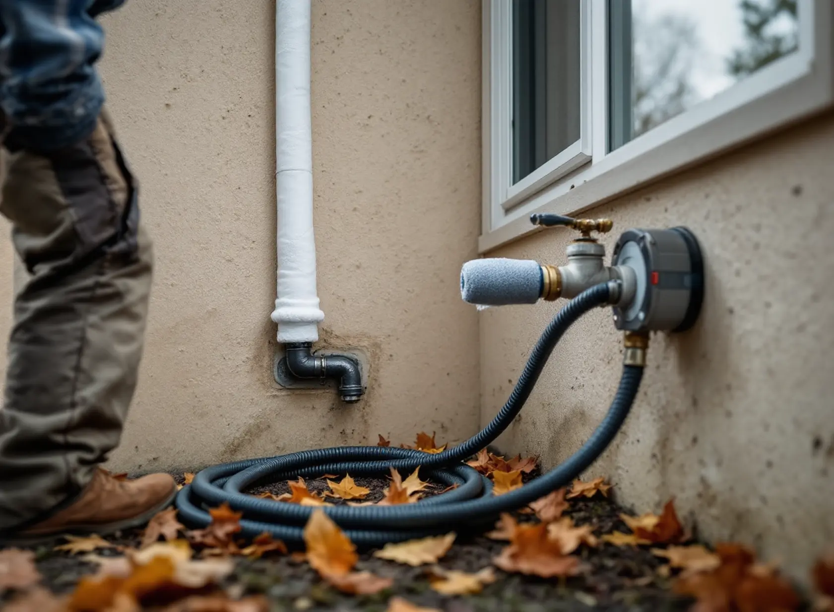 Homeowner installing foam pipe insulation during winter plumbing maintenance in Sacramento.